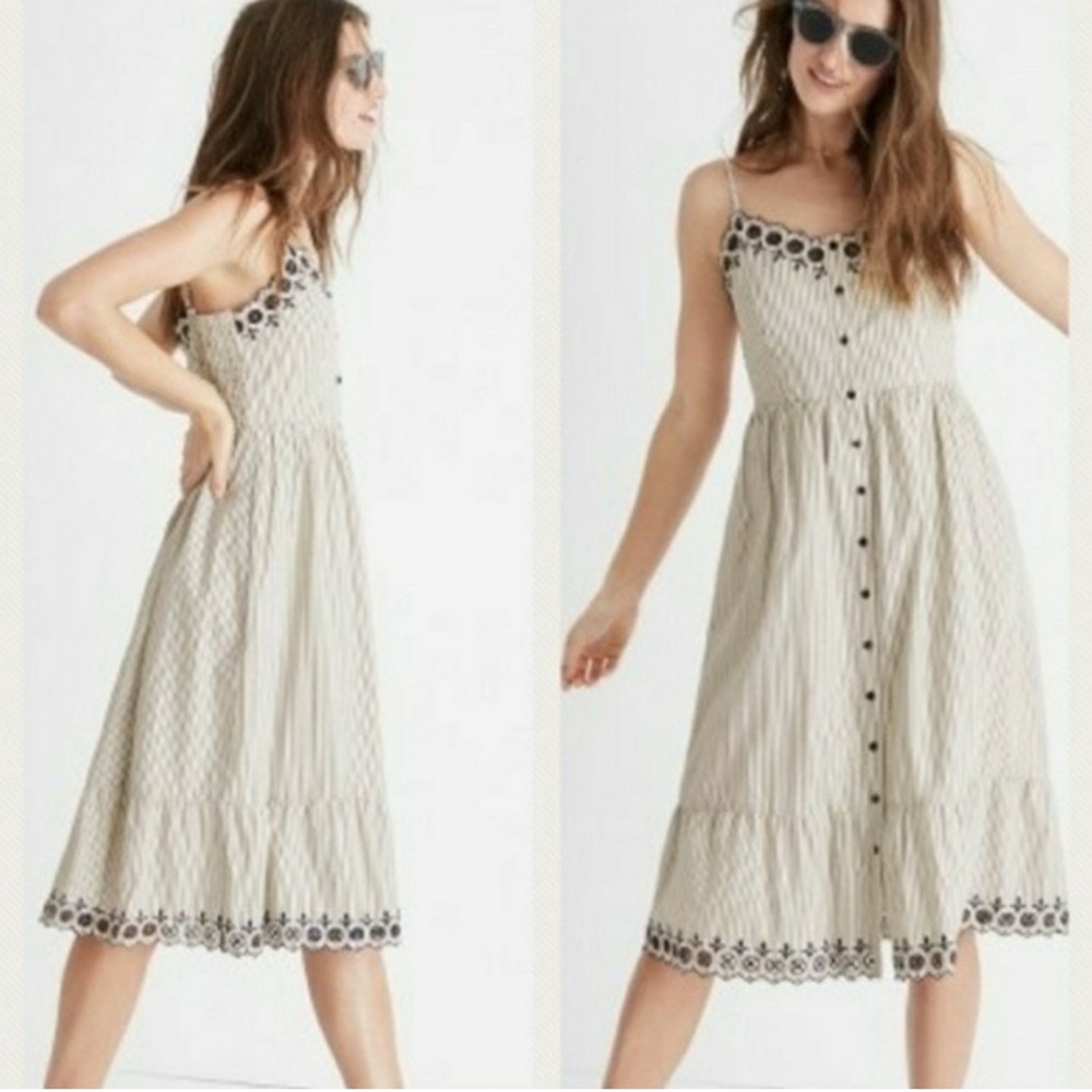 Madewell Embroidered Midi Dress Size 0 | Striped Floral Sleeveless
